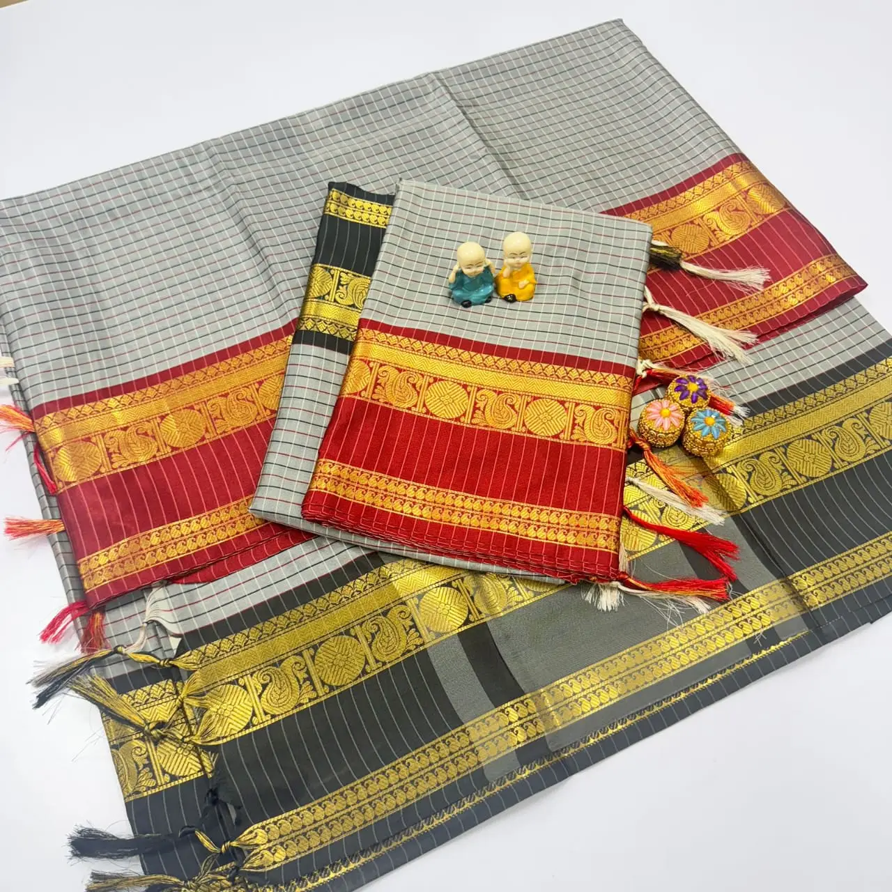 Beige Grey Check with Black Gold Border Banarasi Silk Saree